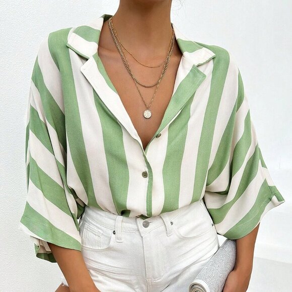 Tops - Green Casual Women's Batwing Sleeve Striped Shirt